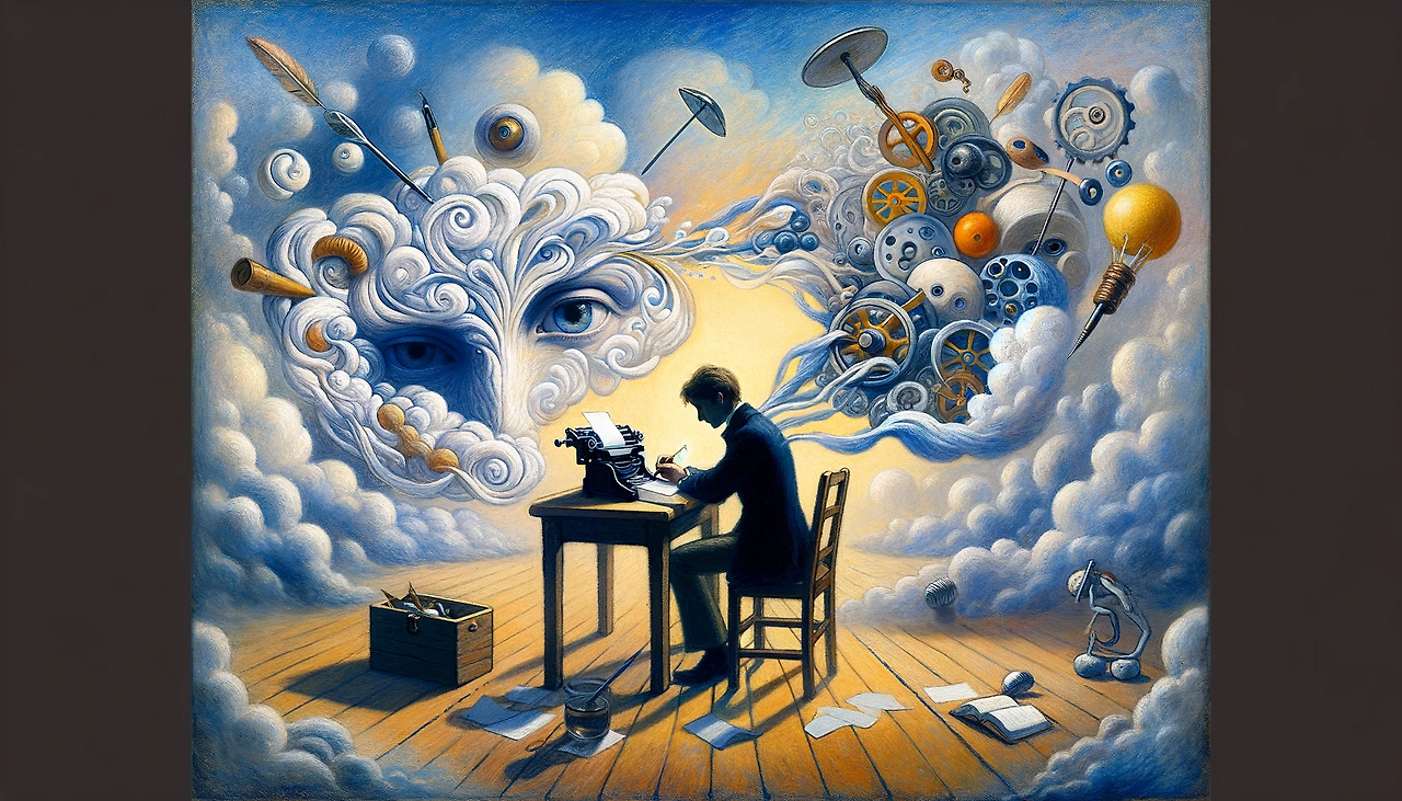 DALL·E 2024-01-31 14.09.27 - An image depicting the process of writing as a way to understand and accept emotions from negative experiences, with a focus on introspection and clar.png