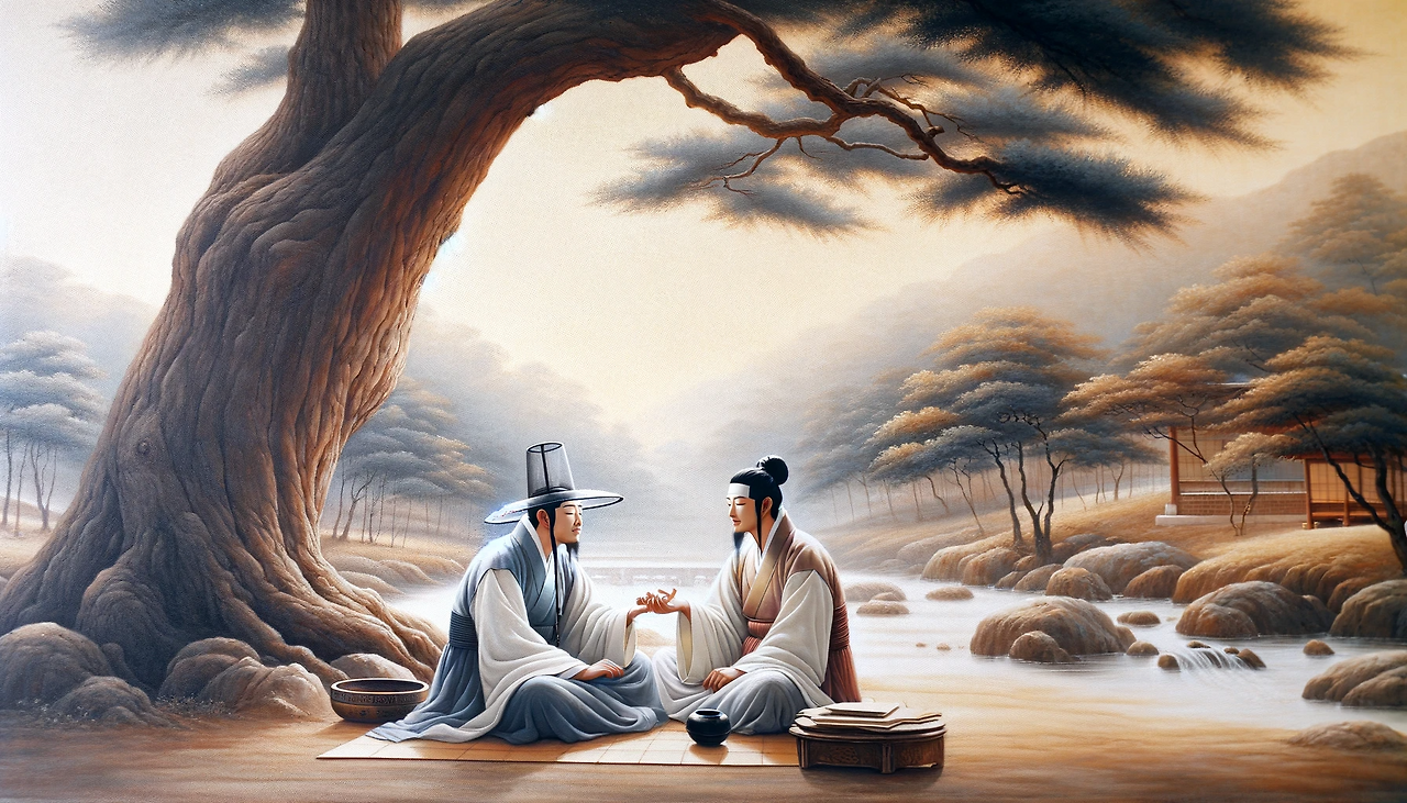 DALL·E 2023-12-17 16.32.43 - A painting in the style of Kim Hong-do, a renowned Korean artist, depicting the essence of friendship. The scene shows two friends in a traditional Ko.png