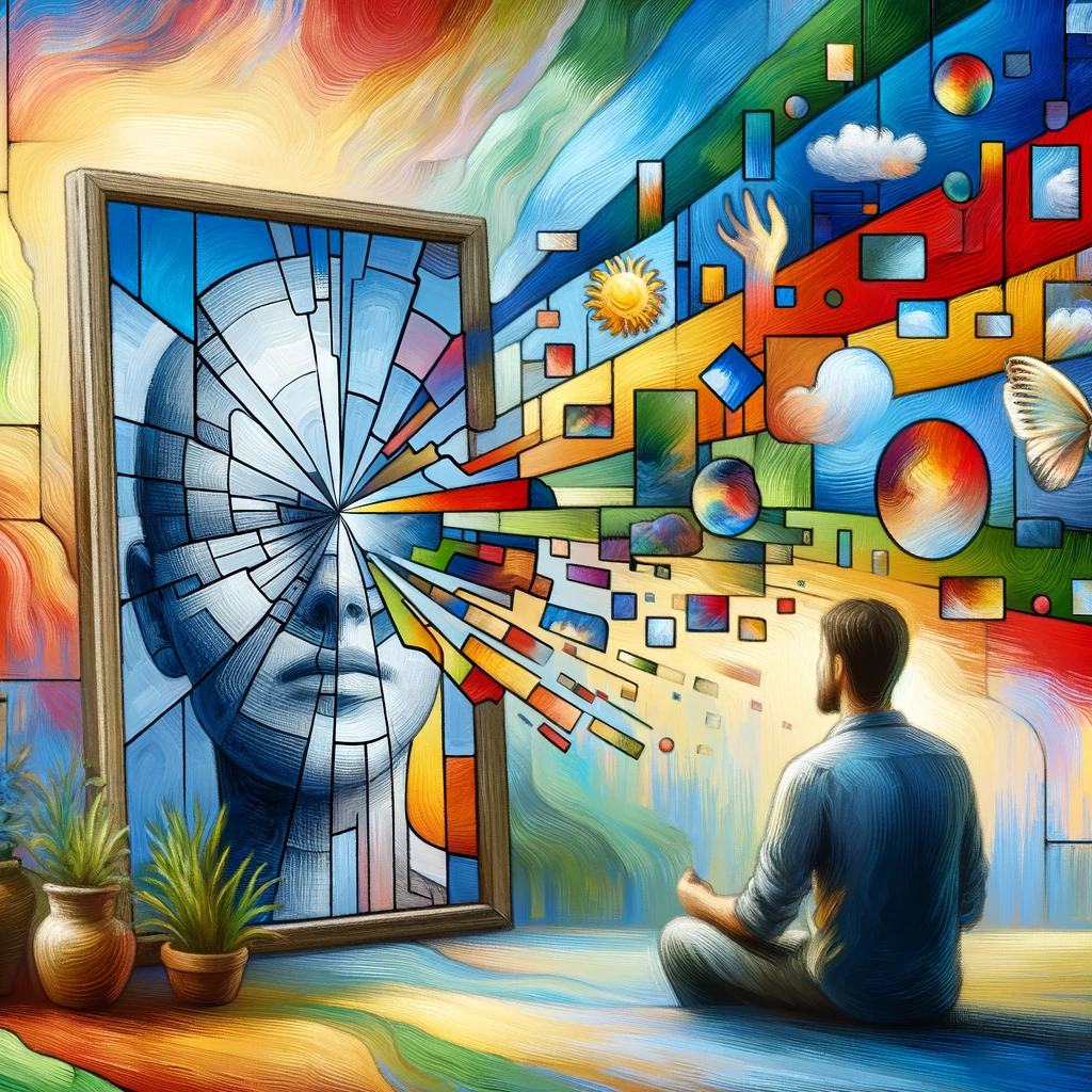 DALL·E 2024-01-31 12.41.56 - An image representing the concept of memory reconstruction, with a person looking at a fragmented mirror reflecting different positive aspects of life.png