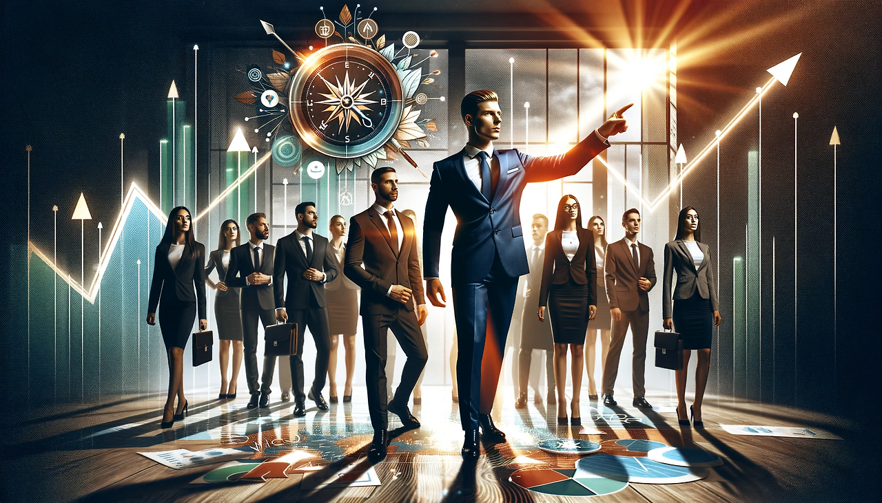 DALL·E 2024-02-01 11.55.01 - An image representing leadership development in a business context. The scene should show a confident leader guiding and inspiring a diverse team. The.png