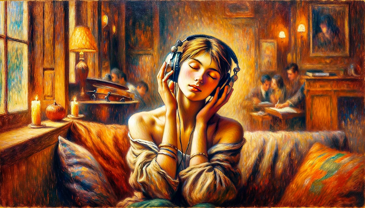 DALL·E 2024-02-01 10.40.50 - A captivating painting in the style of Renoir, showing a person with eyes closed, deeply immersed in the experience of listening to music. The scene c.png