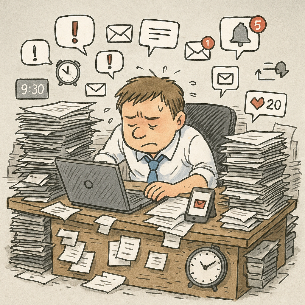 2. 여러 디지털 알림과 서류 더미에 둘러싸여 정신없이 일하는 사람.png