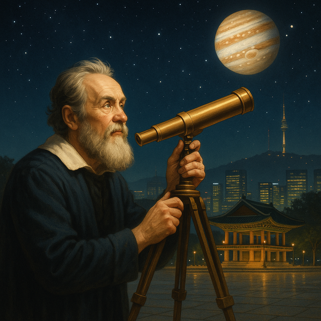 갈릴레오가 망원경을 들고 밤하늘을 바라보는 장면.png