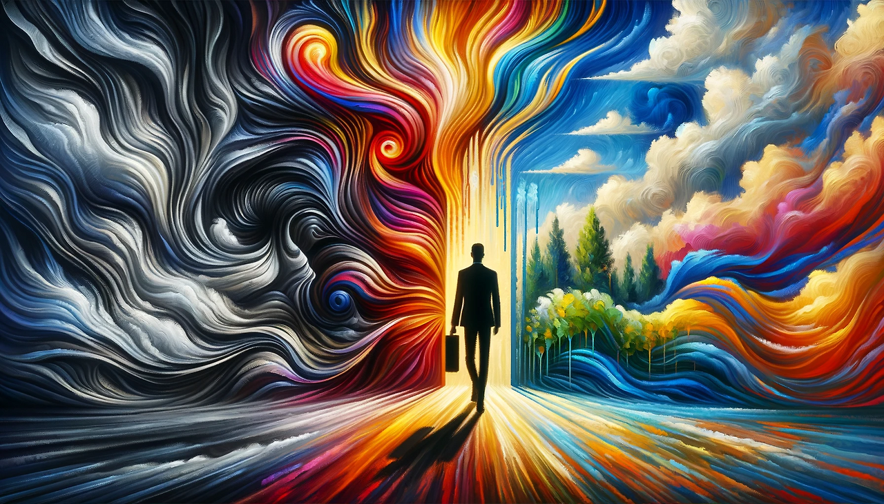 DALL·E 2024-01-31 14.09.06 - An image illustrating the concept of replacing negative emotions with positive experiences, symbolized by a transformation from dark to vibrant colors.png