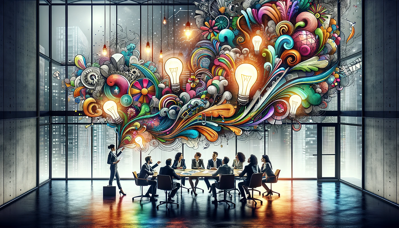 DALL·E 2024-02-01 11.54.47 - An image depicting creativity and innovation in a workplace. The image should show a group of professionals brainstorming around a table, with their i.png