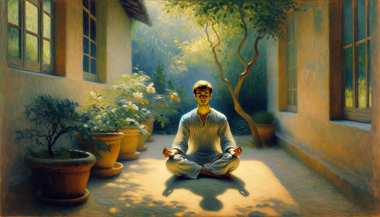 DALL·E 2024-02-01 10.38.37 - A tranquil painting in the style of Renoir, depicting a person meditating with eyes closed. The scene is set in a calm and serene environment, perhaps.png