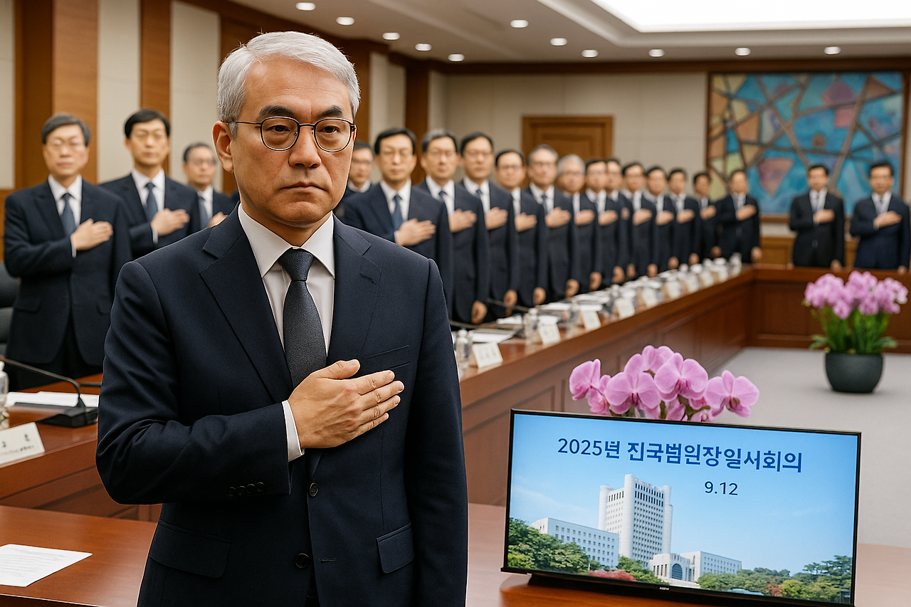 천대엽 법원행처장과 전국 각급 법원장들이 12일 서울 서초구 대법원에서 열린 전국법원장회의 임시회의에 참석하고 있다.png