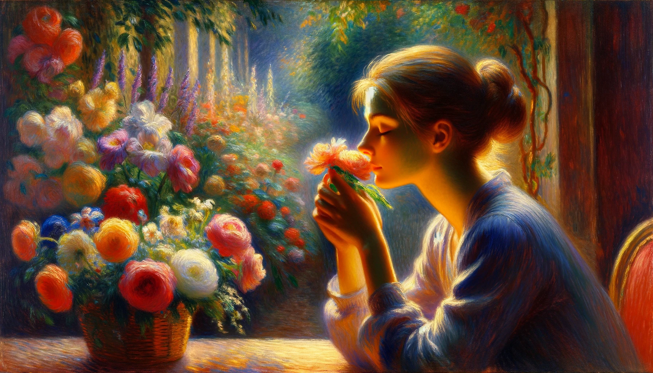 DALL·E 2024-02-01 10.40.43 - A peaceful painting in the style of Renoir, depicting a person with eyes closed, deeply inhaling the fragrance of flowers. The setting is a lush garde.png