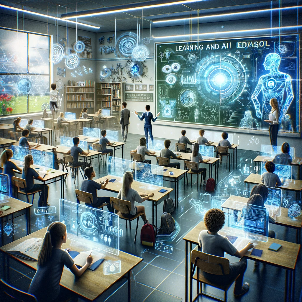 DALL·E 2023-12-21 15.29.44 - An image that encapsulates the concept of learning and education in the ChatGPT and AI era. The image features a classroom setting transformed by tech.png