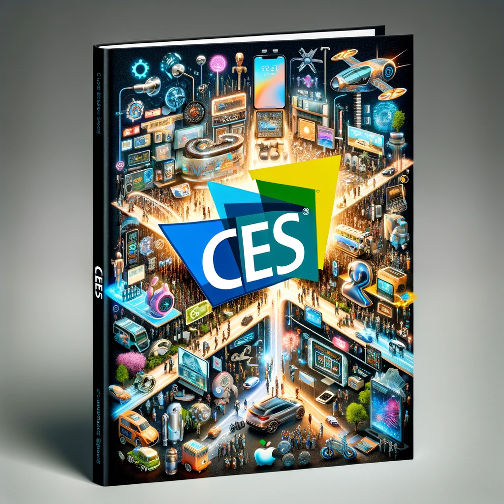 DALL·E 2024-01-10 15.11.21 - The cover image for a manuscript about the Consumer Electronics Show (CES) 2024. The cover should capture the essence of CES as a global technology ex.png