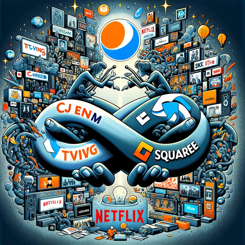 DALL·E 2023-12-08 17.42.54 - Visualize the merger of CJ ENM's Tving and SK Square's Wave in the OTT market, emphasizing their collaboration to challenge global competitors like Ne.png