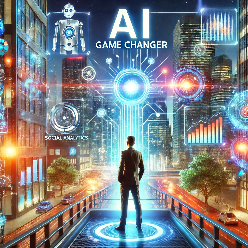 DALL·E 2024-06-14 14.40.55 - An image conveying the idea that AI is a game changer in the PR industry, featuring a futuristic cityscape with AI elements integrated into the enviro.png