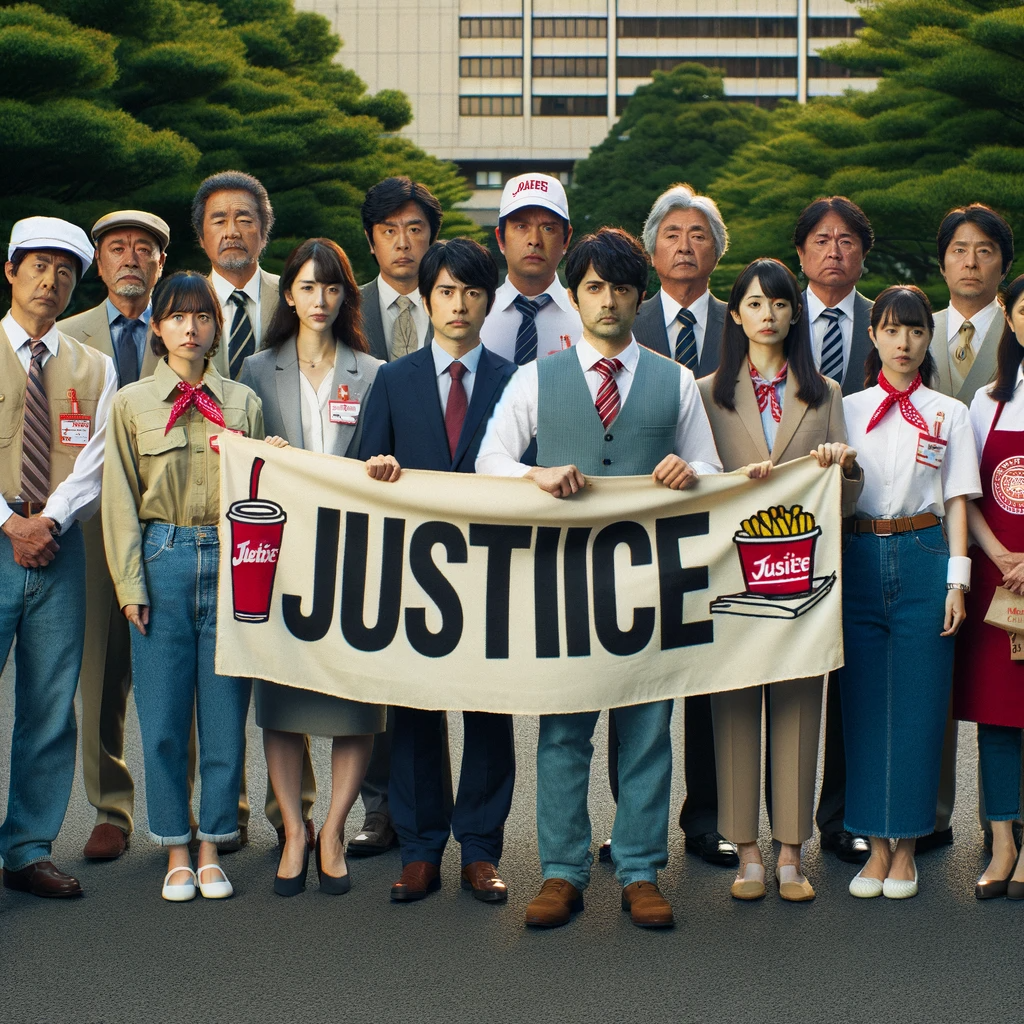 DALL·E 2024-01-24 16.51.18 - A small group of about ten people standing together, holding a banner at an outdoor rally. They are dressed in a variety of uniforms that suggest they.png
