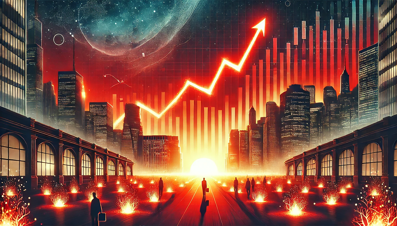 DALL·E 2025-01-22 16.29.16 - A symbolic illustration of a stock market recovery, set in a financial cityscape during sunrise. The background features a red and orange glowing sunr.png