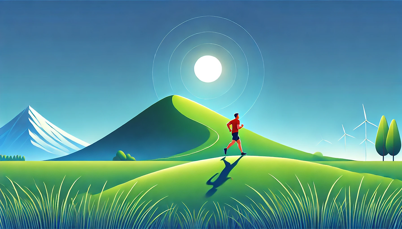 DALL·E 2025-01-23 11.54.44 - A serene landscape under a clear blue sky, featuring a wide green hill with a runner taking a moment to pause and catch their breath. The runner has a.png