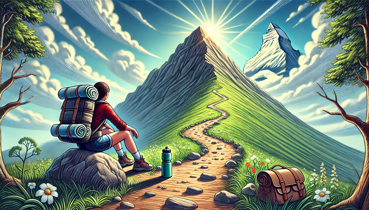 DALL·E 2025-01-07 15.49.37 - A conceptual illustration symbolizing the stock market taking a strategic pause to regain strength. The image features a hiker resting halfway up a mo.png