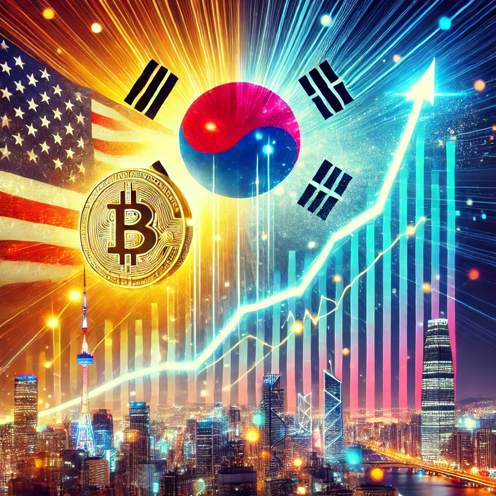 DALL·E 2025-01-13 16.41.42 - A conceptual illustration comparing the U.S. and South Korean stock markets. The South Korean stock market is depicted as a strong upward graph in the.png