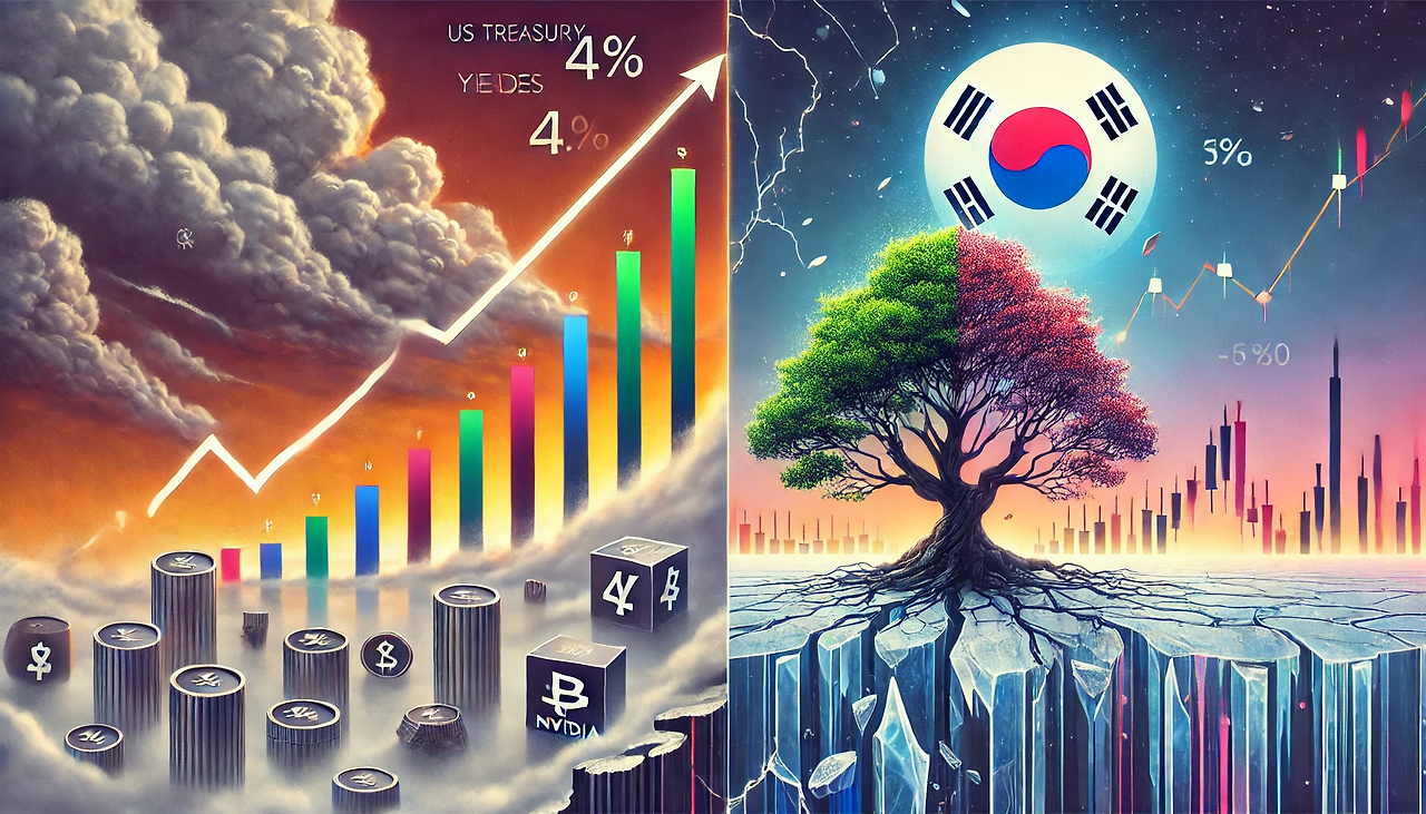 DALL·E 2025-01-15 16.38.49 - An artistic illustration inspired by the theme of rising US Treasury yields and its impact on the global and Korean stock markets. The left side featu.png