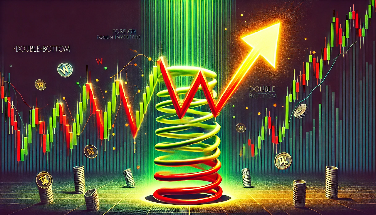 DALL·E 2025-01-06 14.36.50 - A symbolic representation of a stock market recovery with a W-shaped pattern (double bottom). Show a stock market graph with a dramatic 'W' shape high.png
