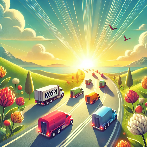 DALL·E 2025-01-09 16.18.04 - A vibrant and hopeful stock market-themed illustration. The scene depicts a wide, sunny road representing the stock market. Large vehicles symbolizing.png