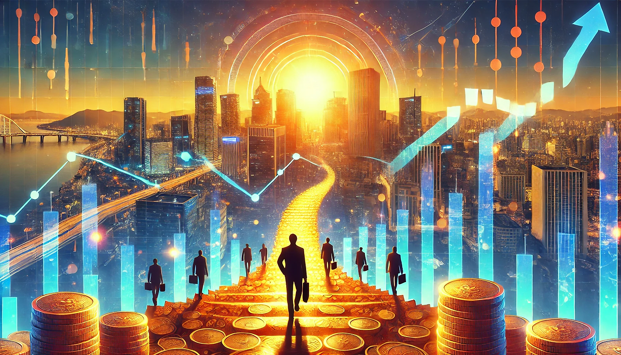 DALL·E 2025-01-16 16.26.19 - A wide panoramic illustration symbolizing the resurgence of the Korean stock market. The image features a dramatic sunrise over a futuristic city skyl.png