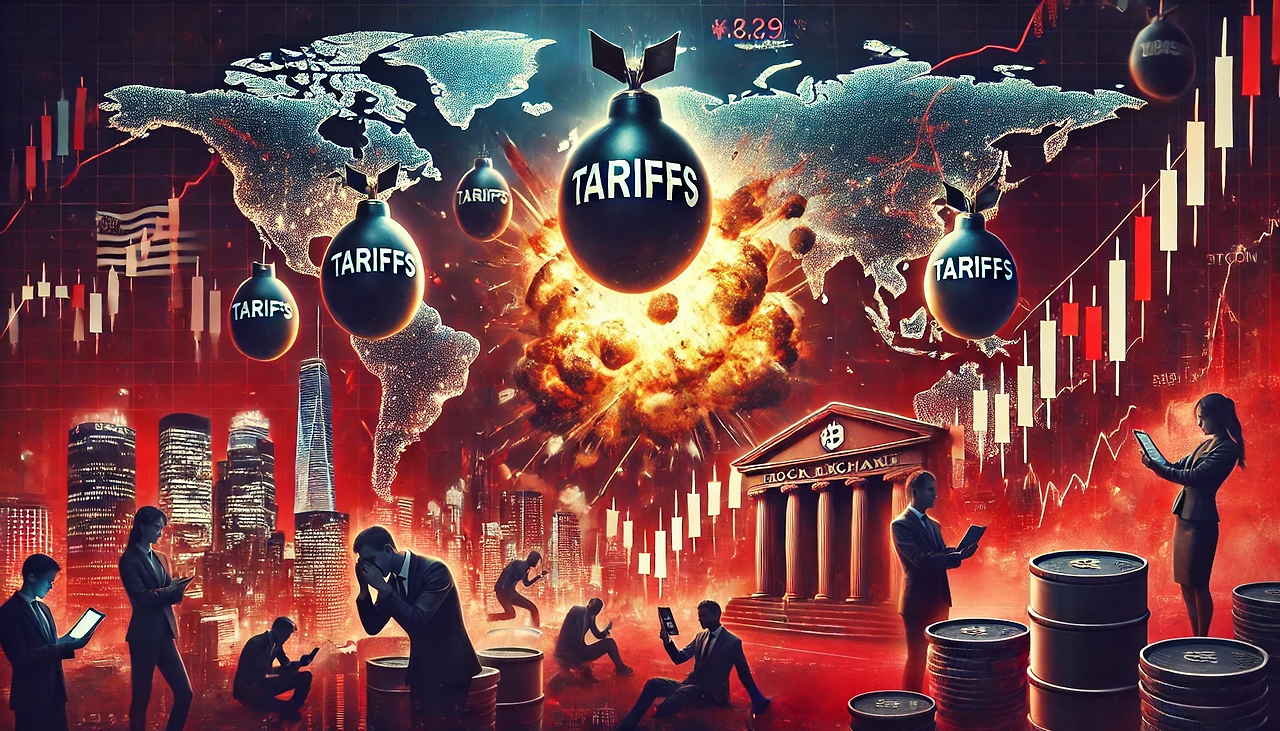 DALL·E 2025-02-03 17.13.58 - A dramatic digital illustration depicting the impact of a global trade war on financial markets. The image features large bombs labeled 'Tariffs' drop.png
