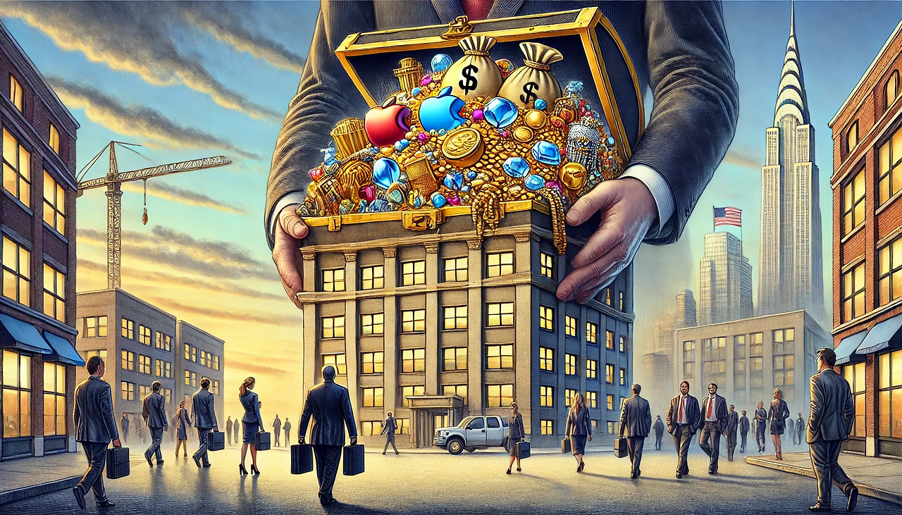 DALL·E 2025-01-14 15.43.17 - A metaphorical illustration of a company building holding a large treasure chest filled with gold, jewels, and iconic investment logos like Apple and .png