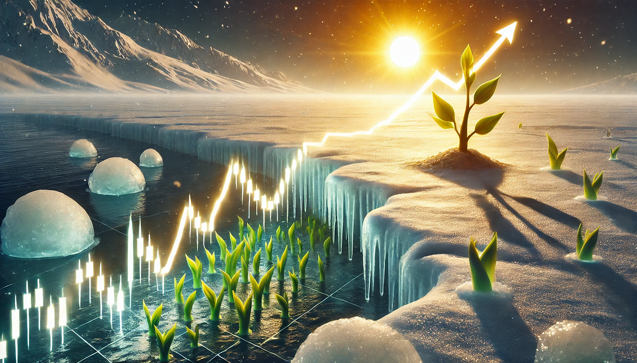 DALL·E 2025-02-06 14.01.27 - A symbolic illustration of the Korean stock market recovering like the transition from winter to spring. The image features a frozen landscape slowly .png