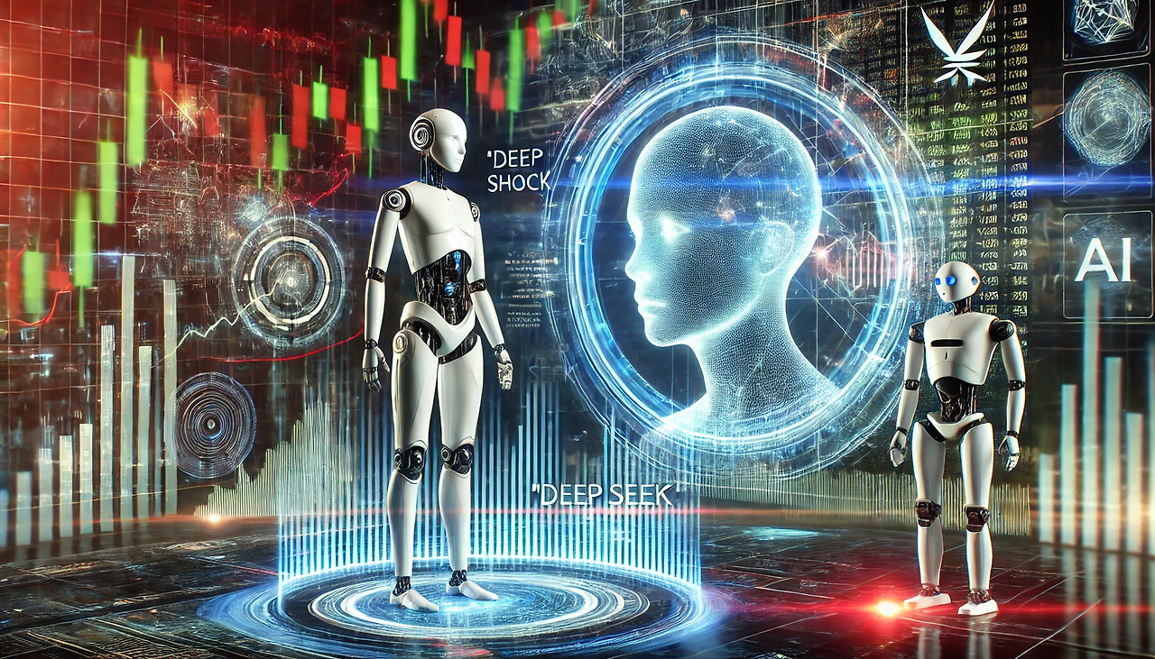 DALL·E 2025-01-31 15.53.37 - A futuristic digital landscape depicting the shift from AI hardware infrastructure to software and humanoid robots. The background features financial .png