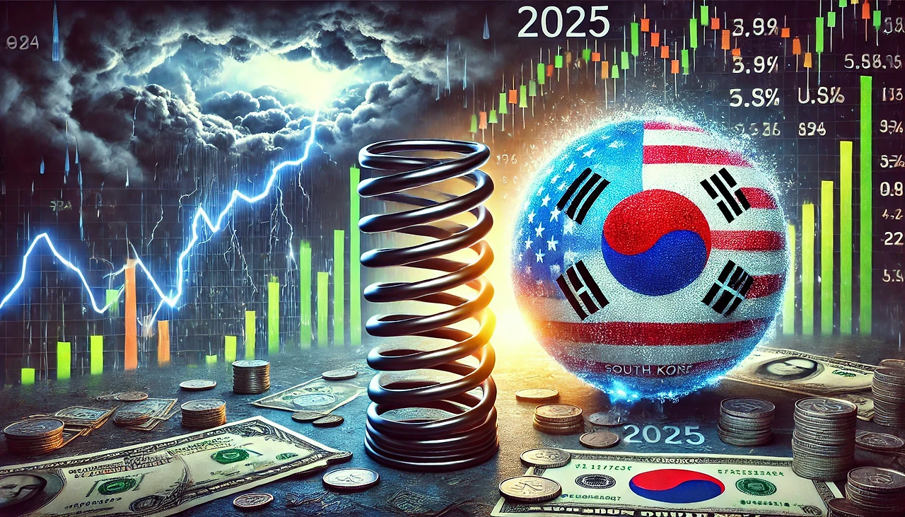 DALL·E 2025-01-02 13.53.10 - A symbolic representation of the 2025 South Korean stock market situation. The image shows a compressed spring with a Korean flag on it, featuring onl.png