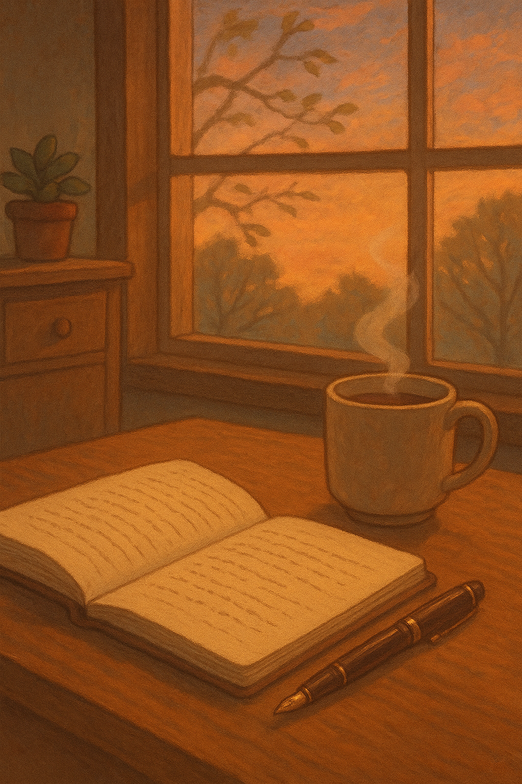 따뜻한 저녁, 책상 위의 여유.png
