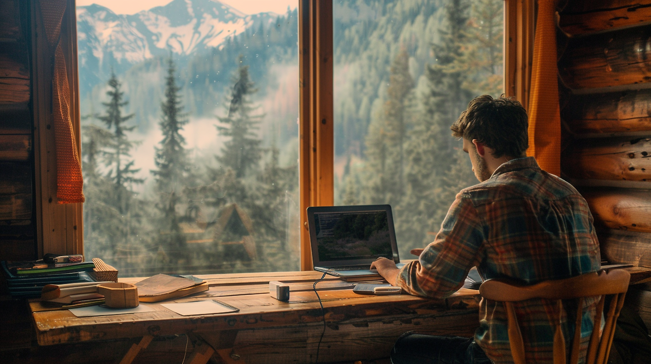 liashim_A_remote_worker_in_a_cozy_cabin_deep_in_the_mountains_a_a4385bea-abcc-4d2f-b3b4-7a7c4f39073c.png