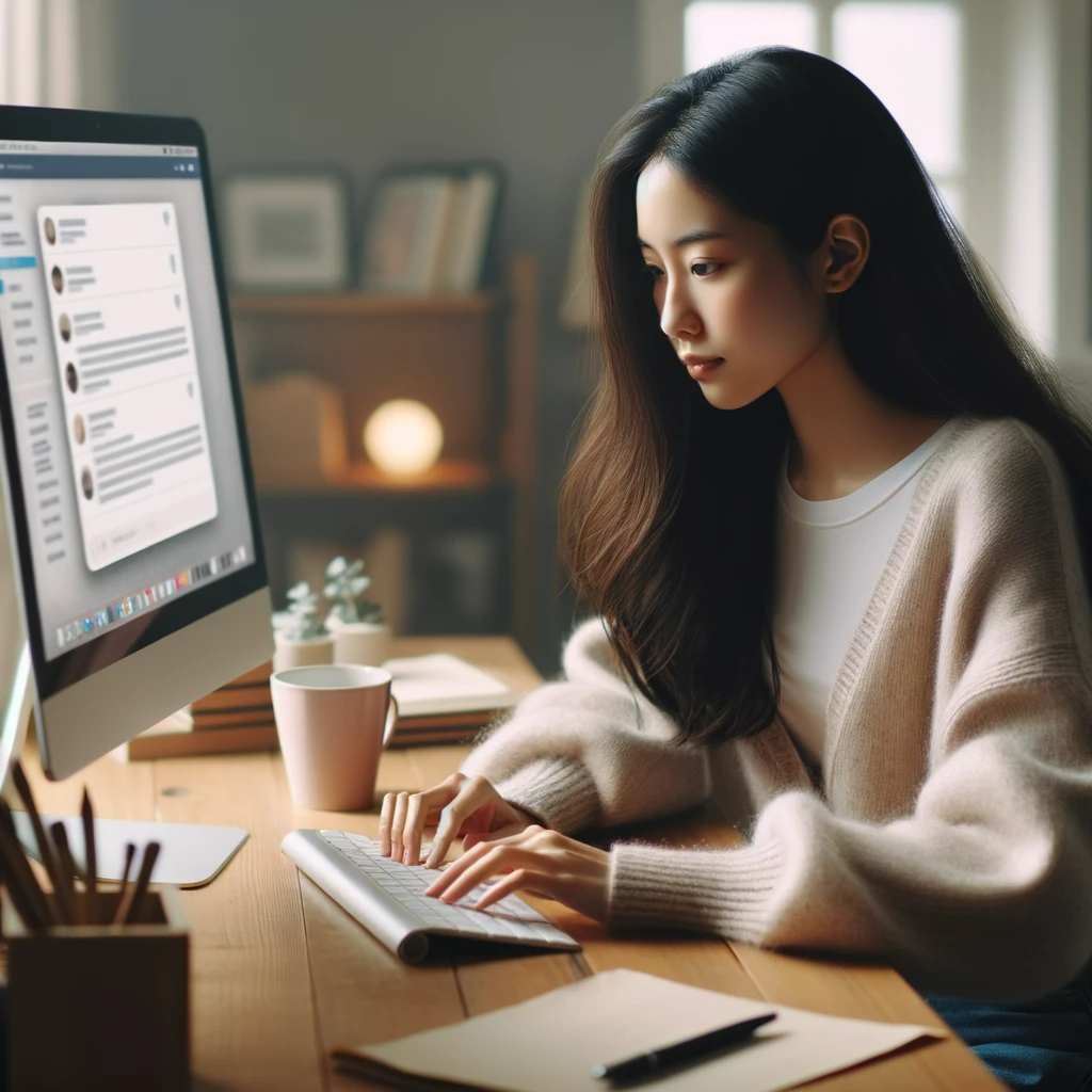 DALL·E 2023-10-30 21.32.14 - Photo of a young Asian woman sitting at a desk with a computer screen displaying a chat interface. She is focused on the conversation, typing rapidly,.png
