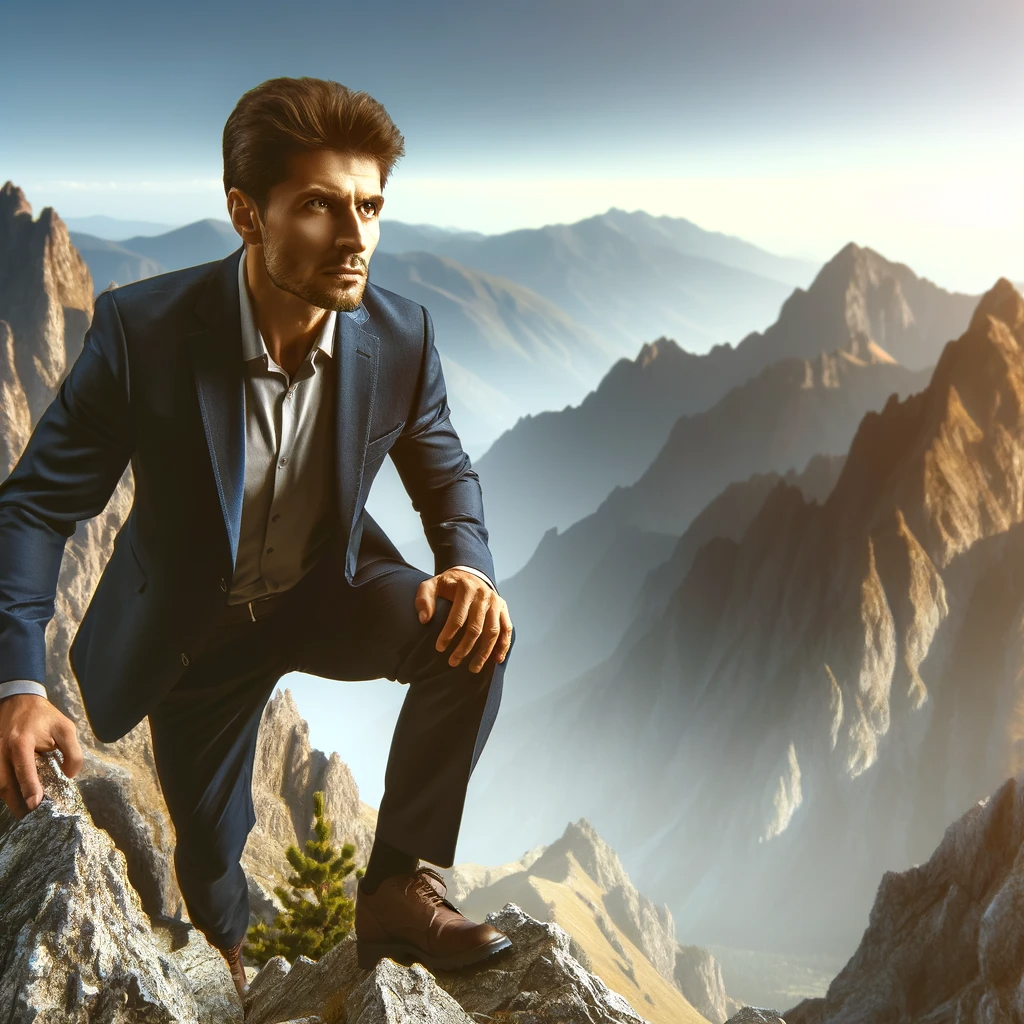 DALL·E 2023-12-30 13.40.55 - A man confidently and assuredly climbing a high mountain, exuding an aura of determination and self-assurance. The scene captures the man's strong sen.png