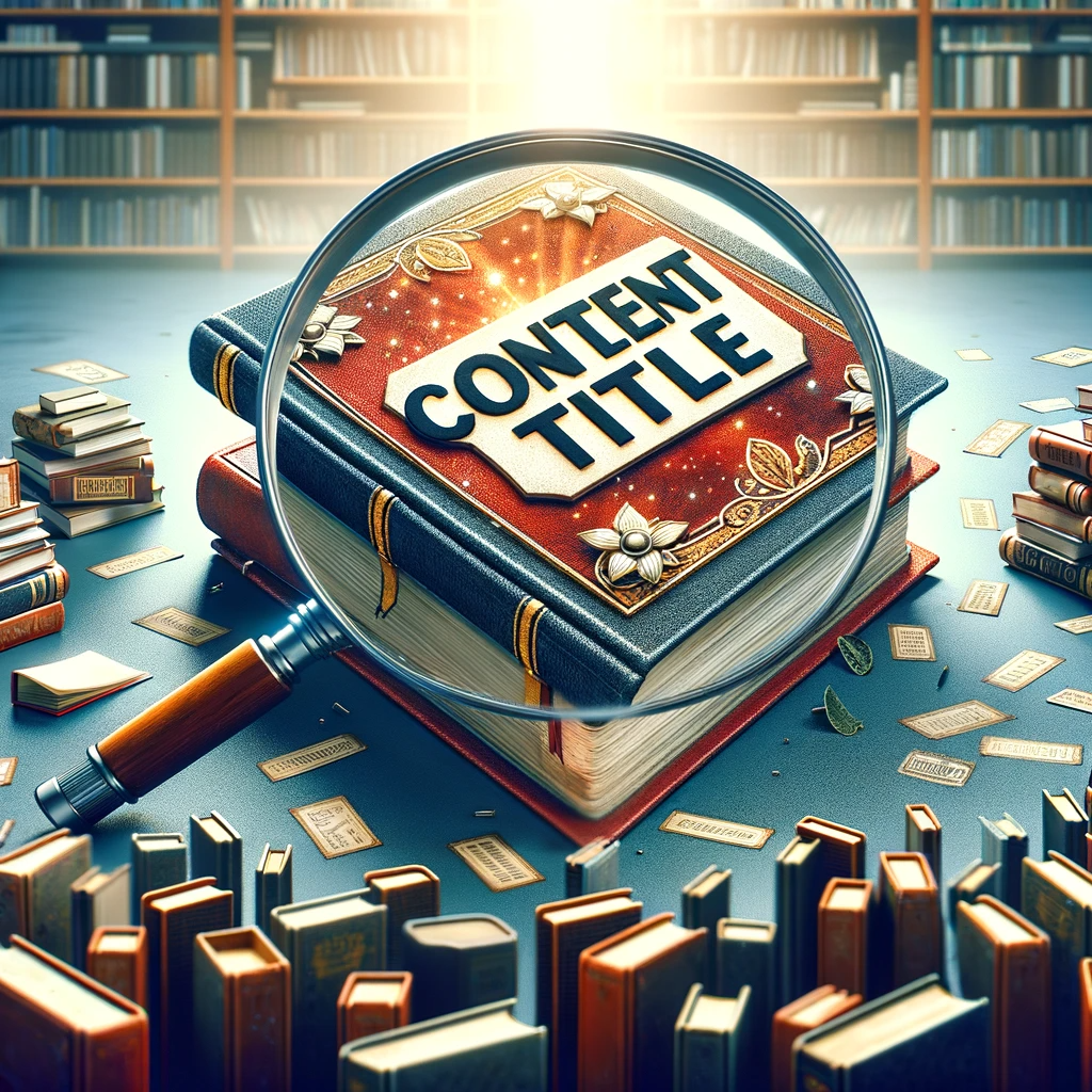 DALL·E 2023-11-13 09.25.05 - A conceptual image depicting the importance of content titles. In the center, a large, eye-catching book with a magnifying glass focusing on its bold,.png