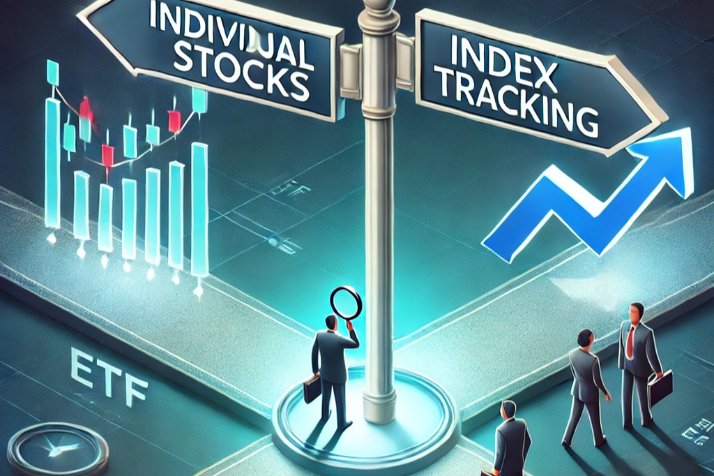 DALL·E 2024-12-15 09.01.18 - An image showing a symbolic crossroads with two paths labeled 'Individual Stocks' and 'Index Tracking'. One side has a lone investor with a magnifying.png