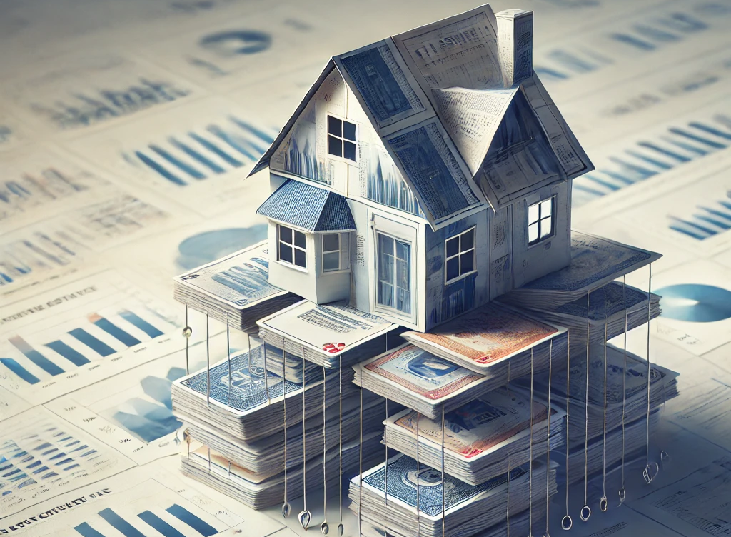 DALL·E 2024-11-25 23.41.42 - A visually striking image of a house of cards made from real estate documents and charts, symbolizing the potential risks and instability of real esta.png