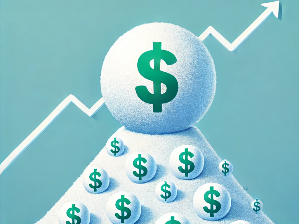 DALL·E 2024-12-22 00.58.52 - A visual representation of the power of compounding. Show a snowball rolling down a hill, gradually growing larger, with dollar symbols on the surface.png