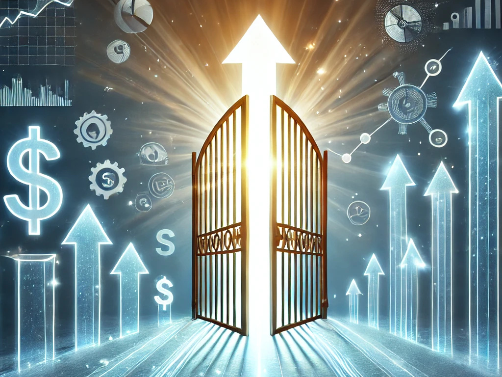 DALL·E 2024-12-22 00.59.06 - An image symbolizing the start of a successful investment journey. A large open gate leading to a bright path, with glowing upward arrows and financia.png