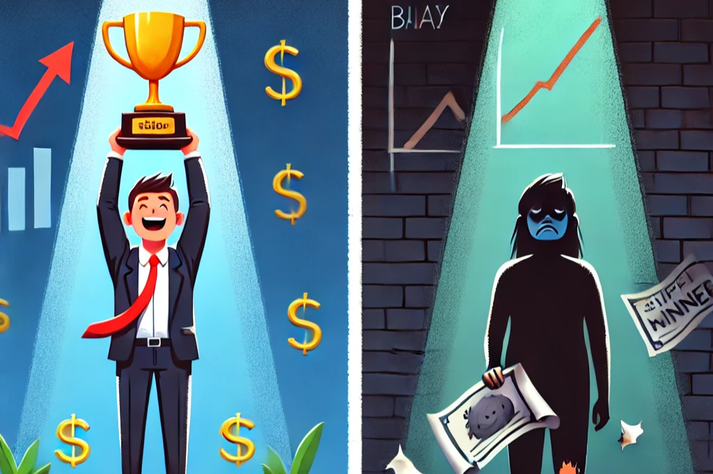 DALL·E 2024-12-15 09.01.27 - An image contrasting success and failure in investing. On one side, a spotlight highlights a person celebrating success, holding a trophy labeled 'Big.png