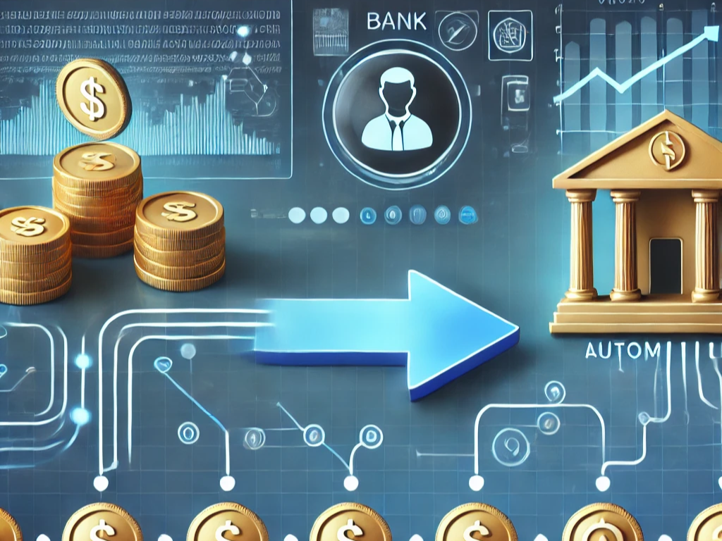 DALL·E 2024-12-22 00.58.48 - An image depicting an automated investment system. Show a flow of coins going from a bank icon to an investment icon, with arrows connecting them to s.png