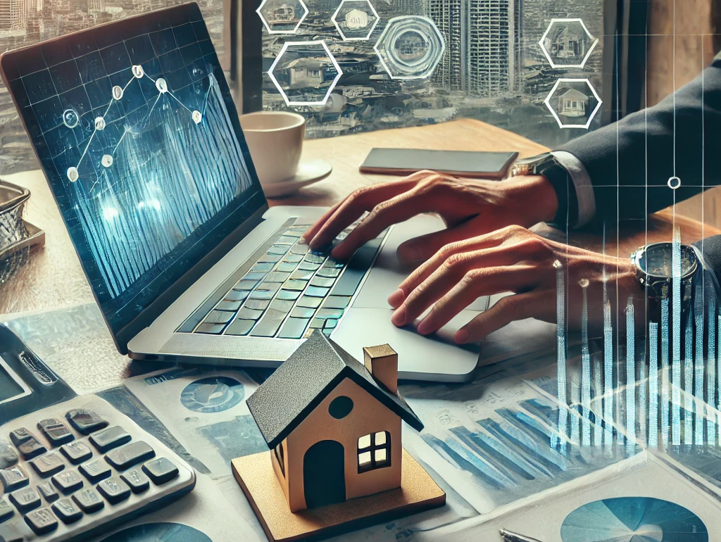 DALL·E 2024-11-25 23.41.37 - A scene showing a person analyzing real estate market trends on a laptop, surrounded by financial reports, charts, and a small model of a house on the.png