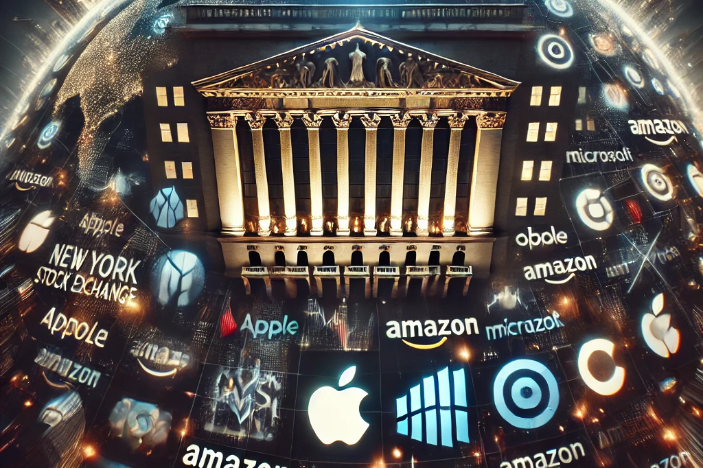 DALL·E 2024-12-15 09.01.25 - A symbolic image of a globe with a glowing New York Stock Exchange (NYSE) building on top, surrounded by major company logos like Apple, Microsoft, an.png