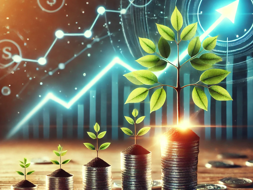DALL·E 2024-12-22 00.58.40 - A symbolic image showing a small sapling growing into a large tree over time, with coins around its base and a glowing upward arrow to represent inves.png