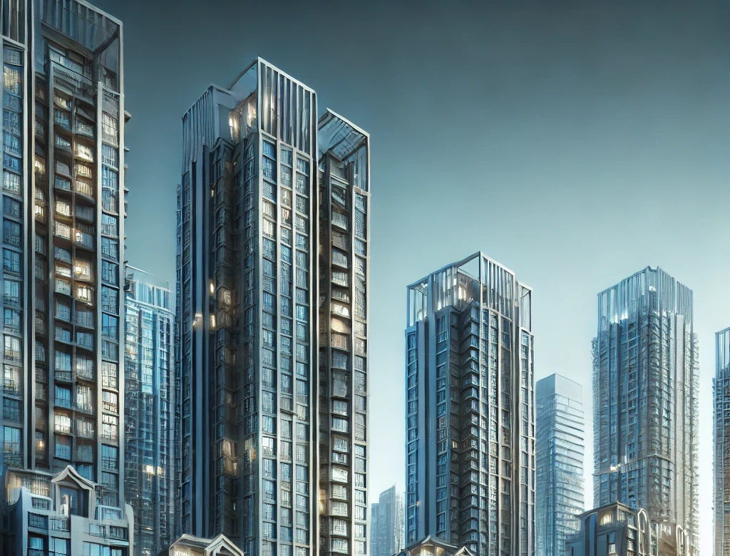 DALL·E 2024-11-25 23.41.26 - An urban apartment skyline with luxurious high-rise buildings under a clear blue sky, symbolizing real estate investment. The buildings have a modern .png