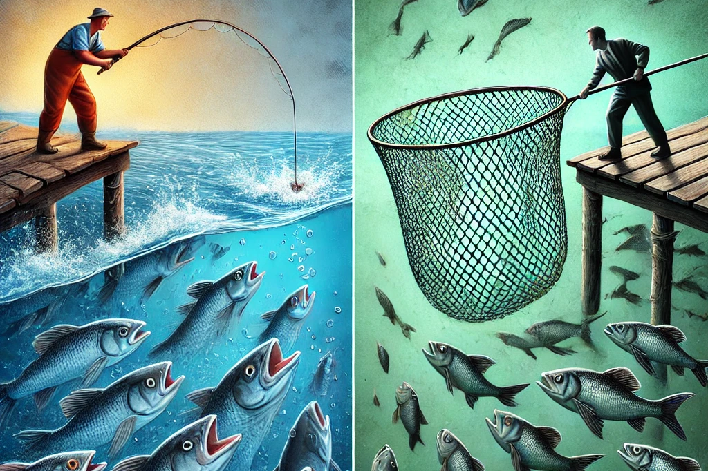 DALL·E 2024-12-15 09.01.22 - A contrasting image showing a fisherman with a single fishing rod trying to catch a fish on one side, and another fisherman using a large net catching.png
