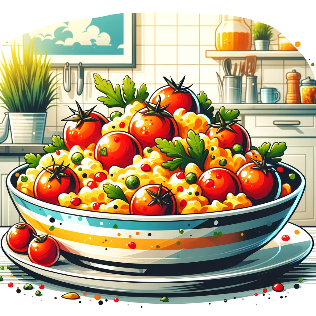 DALL·E 2024-01-14 00.06.18 - A colorful and appetizing illustration of a dish of scrambled eggs with cherry tomatoes, garnished with fresh herbs. The eggs are fluffy and golden, m.png