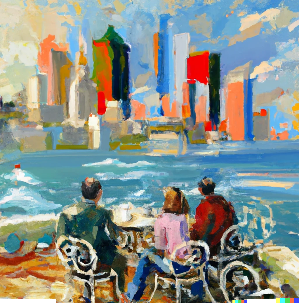 DALL·E 2023-12-29 23.35.36 - You can see the sea with big waves over the terrace. You can see the dense city skyline beyond the sea. It is a professional oil painting in a bright-.png