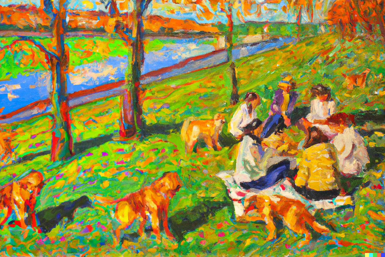 DALL·E 2023-12-23 21.37.58 - A sunny October, a lawn where dogs run around. There are many maple leaves on a large tree. It is painted in the style of Monet's oil painting..png