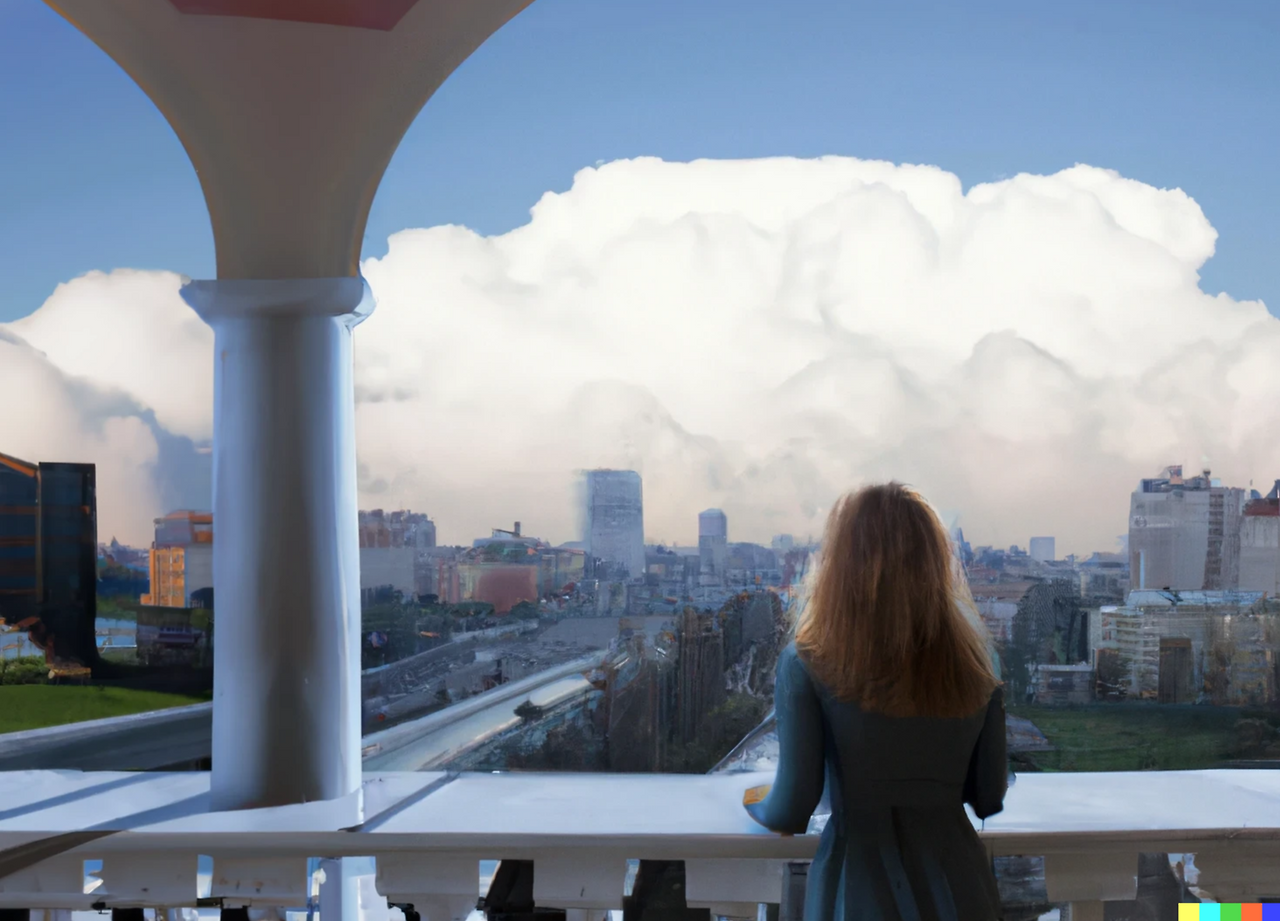 DALL·E 2023-12-13 00.08.19 - Back view of a woman with long hair standing on a balcony looking at the city. Bird view. A city of day. There is a big cloud in the sky. Monet's Pain.png